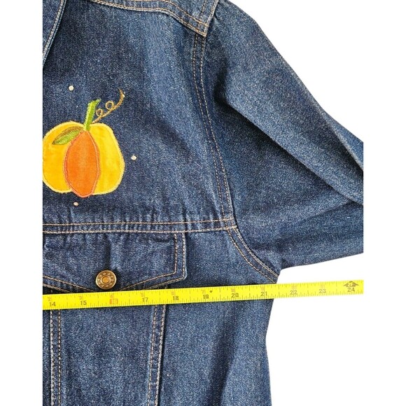Quacker Factory Blue Denim Jacket Size M Fall Pumpkins Scarecrow Sunflowers - Picture 5 of 12